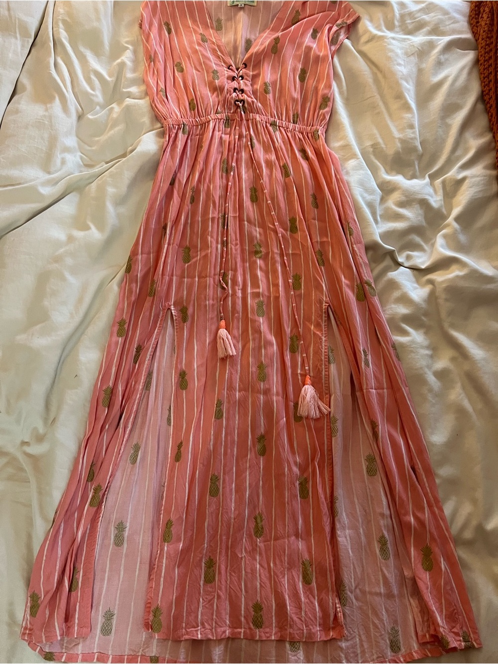 Coral Pink Pineapple Print Maxi Dress